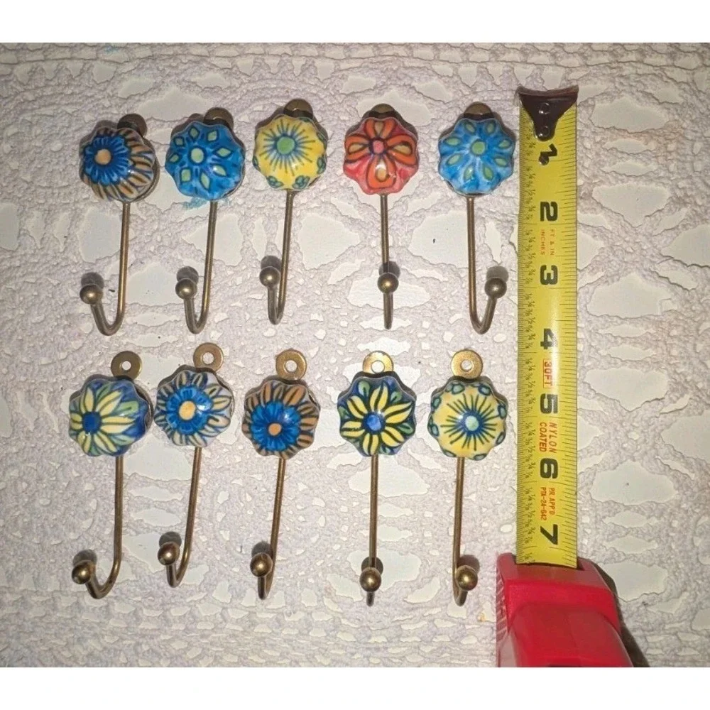 Vintage Hand Painted Ceramic Wall Hooks‎ Floral Brass Robe Coat Hooks Set of 10